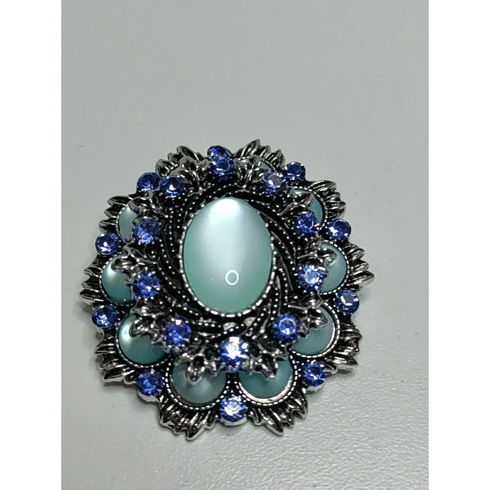 Oval 2 Tone Blue Rhinestone Brooch Fashion Brooch 2" X 1.75" 2 Layer - Picture 1 of 5